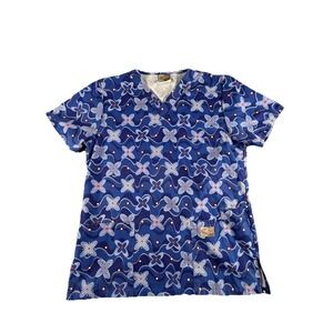 Scrub Zone  Women's Scrub Top Size XSM Extra Small Blue Print